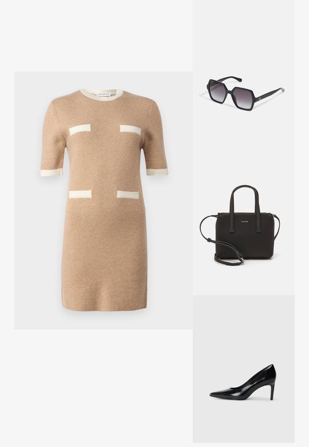 pure cashmere COLOR BLOCK SHORT SLEEVE DRESS - Abito in maglia - camel; Scarpa con tacco alto in pelle nera, con punta affusolata, texture liscia e tacco rastremato. Design minimalista, senza ulteriori decorazioni.; Occhiali da sole esagonali neri con lenti sfumate, caratterizzati da una finitura lucida e da un marchio discretamente visibile sulla tempia. Costruzione in plastica resistente.; Borsa nera con doppi manici corti e tracolla removibile. Materiale simile alla pelle liscia con chiusura a zip e dettaglio del logo.
