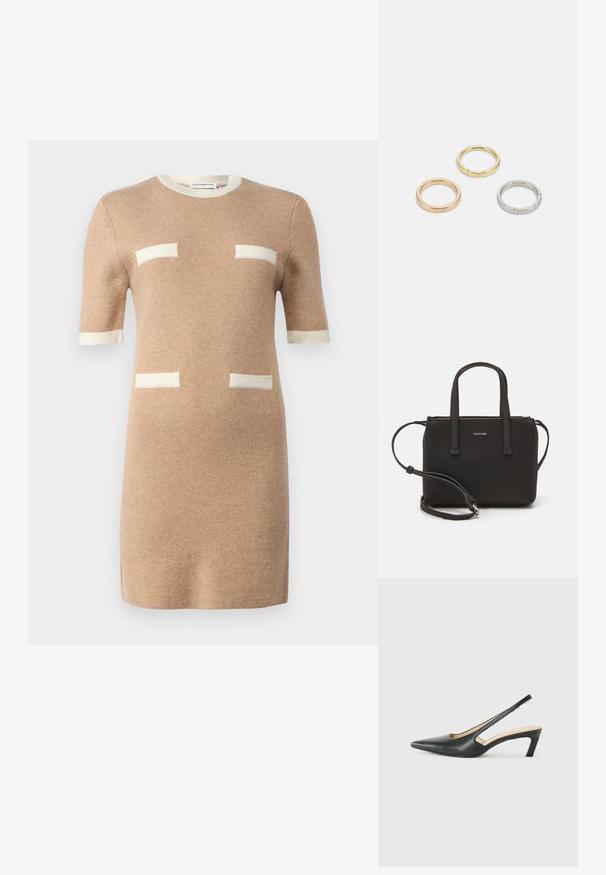 pure cashmere COLOR BLOCK SHORT SLEEVE DRESS - Džemperkleita - camel; Melna, ar smailu purngalu, slingback kurpe ar zemu papēdi, izgatavota no gludas ādas materiāla un ar izgriezumiem sānos gaisa caurlaidībai.; Melns roku soma ar divām īsām rokturiem un noņemamu plecu siksnu. Gluda ādas līdzīga materiāla ar rāvējslēdzēja aizdari un logos detaļu.; Trīs metāla gredzeni: viens rozā zeltā, viens zeltā ar teksturētiem akcentiem un viens sudraba, visiem ar iegravētām zīmola atzīmēm iekšējā joslā.