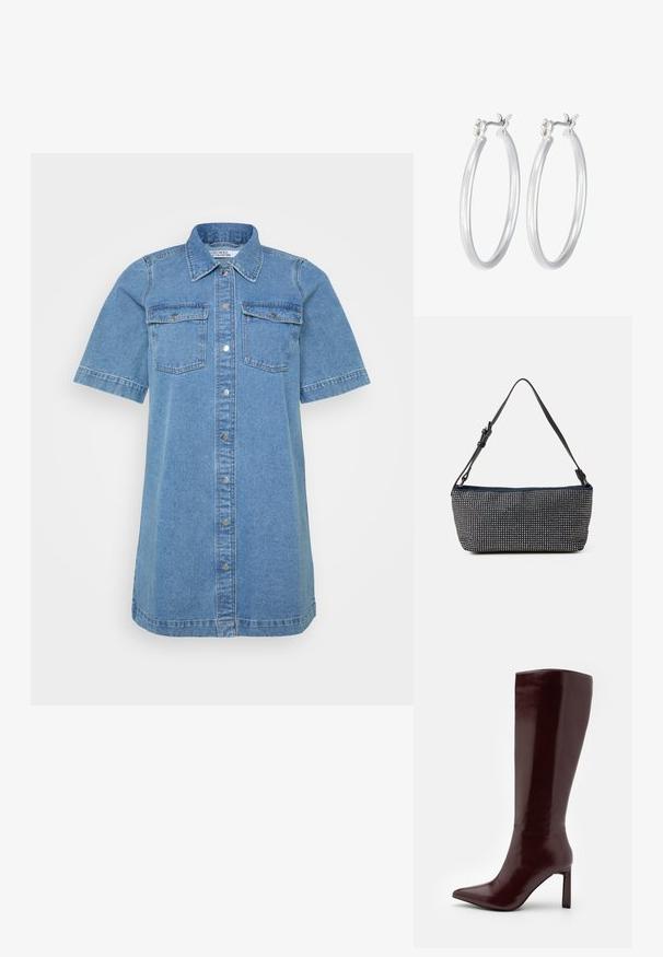 Denim-paitamekko vaaleansinisessä sävyssä, jossa on kauluspantaa, lyhyet hihat, kaksi rintataskua ja etupainike. Liukas pinta.; Even&Odd Saappaat - dark red; Laukkua tummansinistä kangasta, jossa on teksturoitu hopeisten niittien kuvio, varustettuna yhdellä säädettävällä mustalla hihnalla ja suorakulmaisella muodolla.; Hope-silver rengas, joissa on sileä ja kiillotettu pinta. Pyöreä muoto ja turvallinen napsautettava lukitus. Kevyt muotoilu sopii päivittäiseen käyttöön.