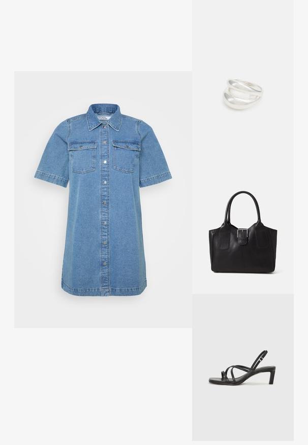 Denim haljina košulja u svijetloplavoj boji, s kragnom, kratkim rukavima, dva džepa na prsima i prednjim kopčom na dugmad. Glatka tekstura.; Crne sandale s trakama, kvadratnim prstom i niskom blok petom. Ima više tankih trakica i podesivu trakicu oko gležnja. Izrađene su od glatke kože.; Crna kožna torba za nošenje s glatkom teksturom, strukturiranim oblikom, dvije ručke i istaknutim srebrnim kopčanjem na prednjoj strani.; Srebrna dvostruka prsten s glatkom, poliranom površinom. Karakterizira ga fluidan, zakrivljen dizajn s preklapajućim sekcijama za moderan izgled.