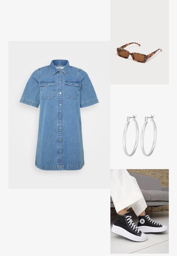 Heled sinise denimist särgimekko, millel on krae, lühikesed varrukad, kaks rinna taskut ja ees nööpidega sulgemine. Sile tekstuur.; Mustad kõrge säärega tossud valgete kummist tallade ja paeltega. Omad ümmargust logomärki ja kontrastset valget õmblust. Materjaliks lõuend.; Kilpkonna kestaga prillid, millel on ristkülikukujulised pruuni värvi objektiivid, paks raam ja peened käed, millel on erinevate pruunide toonide muster.; Hõbedased rõngaskõrvarõngad, millel on sile, läikiv viimistlus. Ümmargune kuju ja turvaline klõpsulatus. Kerge disain, sobib igapäevaseks kandmiseks.