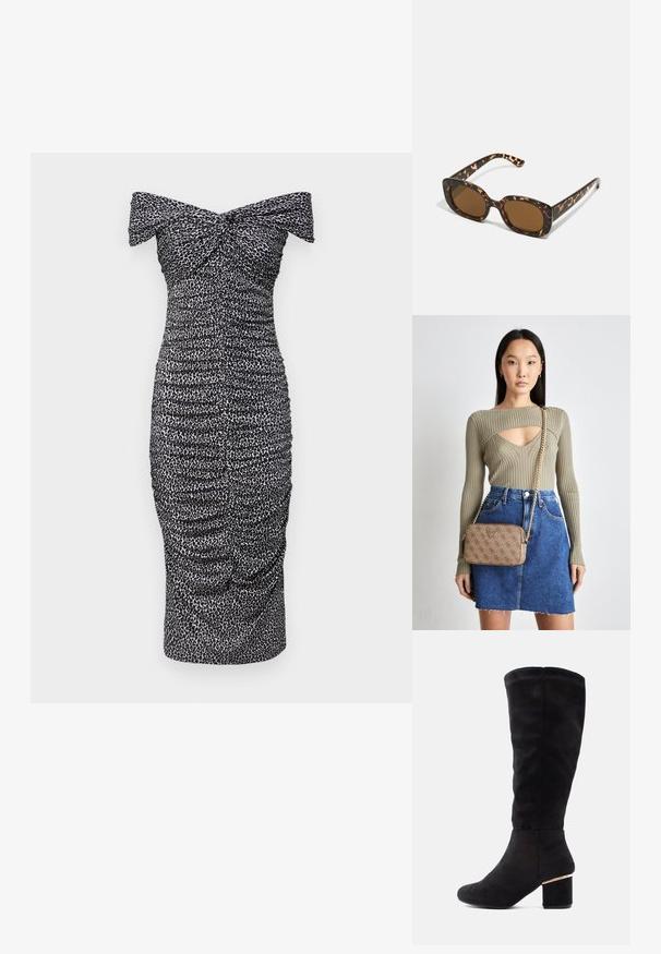 MICHAEL Michael Kors TWIST OFF SHOULDER MIDI DRESS - Dnevna haljina - aluminum; Crne čizme do koljena od mekog antilopa, sa debelim blok petom s zlatnim naglaskom. Glatka tekstura, dizajn s zaobljenim vrhom.; Tortoiseshell naočale s okvirima u obliku kruga i debelom konstrukcijom, te smešnim lećama. Imaju suptilne uzorke i ravne, sužene nogice.; Maslina rebrasta pletena majica s rezom, uparena s traper suknjom. Smeđe torbica s markom i lančićem odmarana je na kuku.