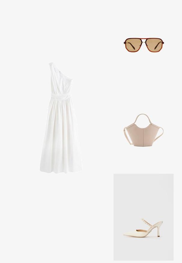 Next PREMIUM ONE SHOULDER REGULAR FIT - Maxikleid - white; Steve Madden BRECKI - Pantolette hoch - ivory; Braune achteckige Sonnenbrille mit einem transparenten, bernsteinfarbenen Rahmen und braun getönten Gläsern. Verfügt über eine Metallverzierung am Steg und schlanke Bügel.; Beige Lederhandtasche mit einer einzigartigen Form, die zwei kurze Henkel und einen langen verstellbaren Riemen aufweist. Glatte Textur mit minimalen Hardware-Elementen.