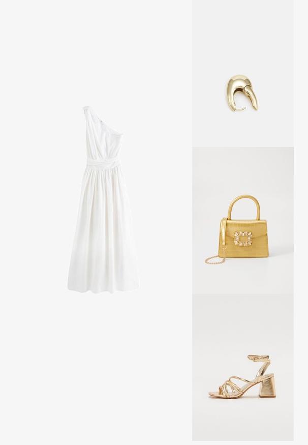 Next PREMIUM ONE SHOULDER REGULAR FIT - Maxikjoler - white; Guldfarvede hæle-sandaler med en strappy design, firkantet blokhæl og justerbar ankelrem med spænde. Glat tekstur.; Gul faux-krokodille skuldertaske med struktureret design, top-håndtag, aftagelig kædetraske og dekorativ krystaldekoration på låsen.; Guldtonet metal ørering med et slankt, buet design. Har en karakteristisk spids form, poleret overflade og hængselåbning.