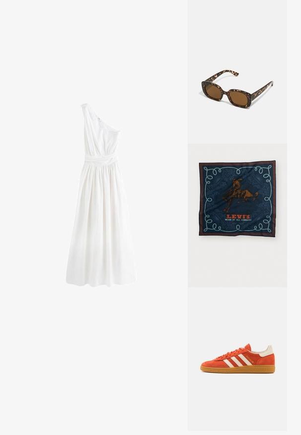 Next PREMIUM ONE SHOULDER REGULAR FIT - Maksimekko - white; Oranssi mokkanahkainen lenkkitossu, jossa on valkoisia nahkaisia yksityiskohtia, kolme valkoista raidallista sisustusta ja kuminen pohja. "Spezial" logo kengän kielessä.; Kaurisilmät, joissa on pyöreä, jämäkkä kehys ja ruskeat linssit. Ominaisuuksiin kuuluvat hillityt kuviot sekä suorat, kapenevat sangan osat.; Meripiyri silk scarf yang berbentuk navy dengan grafis penunggang kuda cokelat, pola tali biru dekoratif, dan teks "LEVI'S DIPAKAI OLEH SEMUA PENUNGGANG KUDA" berwarna merah.