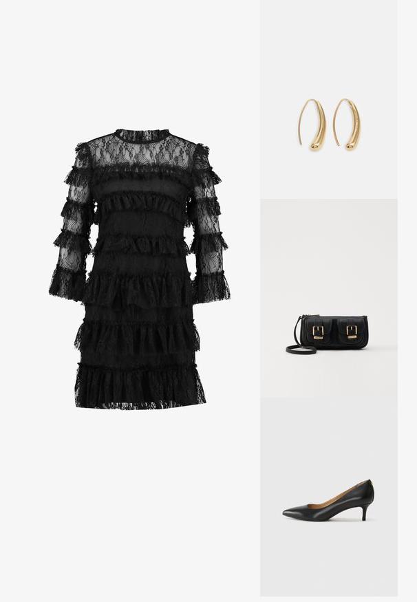 Svart blondekjole med trekvartermidlermer, lagdelte volanger og høy krage. Gjennomsiktig tekstur med intrikate blondemønstre gjennom hele.; Sorte lærpumpe med spiss tå, lav hæl og en glatt tekstur. Har en liten åpning foran og minimalt med beslag bak.; Svart skinn crossbody veske med to frontlommer, gyldne spenner, glidelåslukking og en slank stropp. Teksturert overflate og kompakt rektangulær form.; Gullfargede metalløredobber med en buet, forlenget form. Har en jevn, blank overflate og en avrundet tupp for ekstra detaljer.