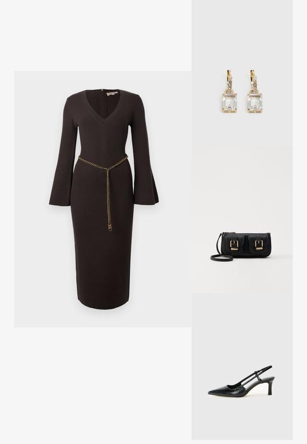 Robe en maille côtelée marron avec un décolleté en V, des manches évasées et une ceinture en chaîne dorée accentuée à la taille. Coupe slim avec une longueur midi.; Escarpin slingback en vernis noir avec un bout pointu, présentant un imprimé serpent texturé, une sangle réglable et un petit talon bloc texturé.; Sac en cuir noir porté en travers avec deux poches avant, boucles dorées, fermeture zippée et une sangle fine. Surface texturée et forme rectangulaire compacte.; Boucles d'oreilles en or lumineux avec un cristal rectangulaire transparent pendent sous une rangée de petits accents ronds transparents. Design élégant et moderne.