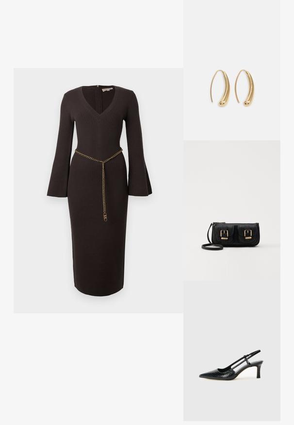 Robe en maille côtelée marron avec un décolleté en V, des manches évasées et une ceinture en chaîne dorée accentuée à la taille. Coupe slim avec une longueur midi.; Escarpin slingback en vernis noir avec un bout pointu, présentant un imprimé serpent texturé, une sangle réglable et un petit talon bloc texturé.; Sac en cuir noir porté en travers avec deux poches avant, boucles dorées, fermeture zippée et une sangle fine. Surface texturée et forme rectangulaire compacte.; Boucles d'oreilles en métal doré en forme d'anneau, avec une forme courbée et allongée. Elles présentent une surface lisse et brillante avec une pointe arrondie pour un détail supplémentaire.
