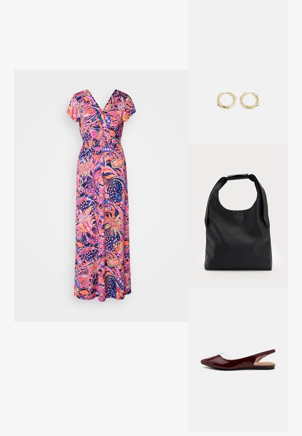 Kergest kangast maxi kleit, mis on kaunistatud erksamate roosa ja sinise lillemustriga, V-kaelusega ja lühikeste varrukatega. Elastsest vööst detail.; Burks patendiga burgundia värvi slingback kortlikud kingad terava varbaga, läbipaistva lõikega ja lameda musta tallaga. Sile tekstuur, minimalistlik disain.; Must коммерcный кott sa больше, с хорошоииr rAlpha-gaind да спинай ониигякца; и Storeup вocusedайфиқатяk санжинг ын ал trustだ রতাє  적에и; Kuldsete rõngaskõrvarõngaste tekstuuriga, ebakorrapärane kuju. Omab sujuvat lukustust ja poleeritud pinnatöötlust, rõhutades kaasaegset disaini.