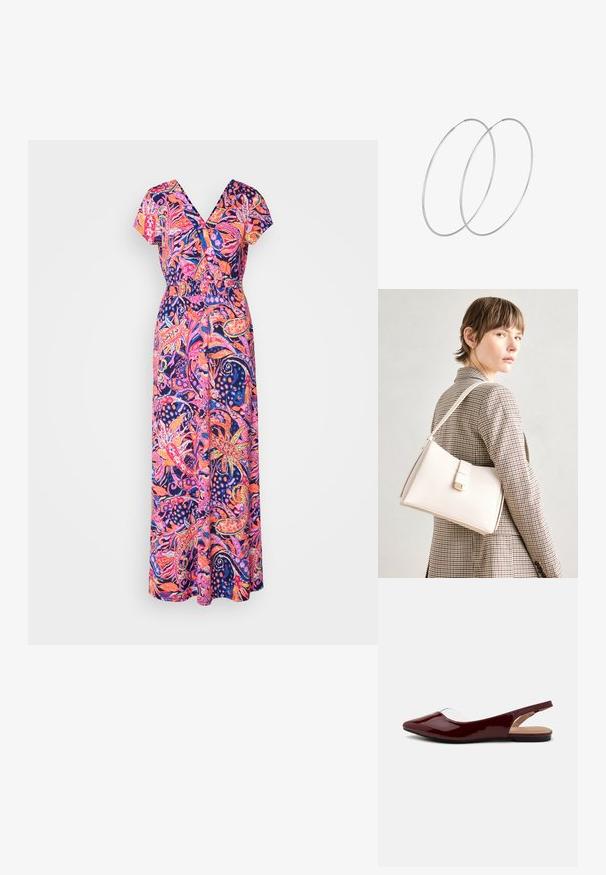 Maxikleid aus leichtem Stoff, mit einem lebhaften floralem Muster in Pink und Blau, V-Ausschnitt und kurzen Ärmeln. Mit einem elastischen Taillenbund.; Burgunderfarbene patentierte Slingbacks mit spitzem Zehenbereich, transparentem Ausschnitt und flacher schwarzer Sohle. Glatte Textur, minimalistisches Design.; Weiße Lederhandtasche mit strukturiertem Design, ausgestattet mit einem Magnetverschluss und einem Schulterriemen, präsentiert vor einem neutralen Hintergrund.; Silberne Creolen mit minimalistischem Design. Rundform, glatte Oberfläche und dünnes Profil. Leichtgewichtig mit hochglänzender Oberfläche.