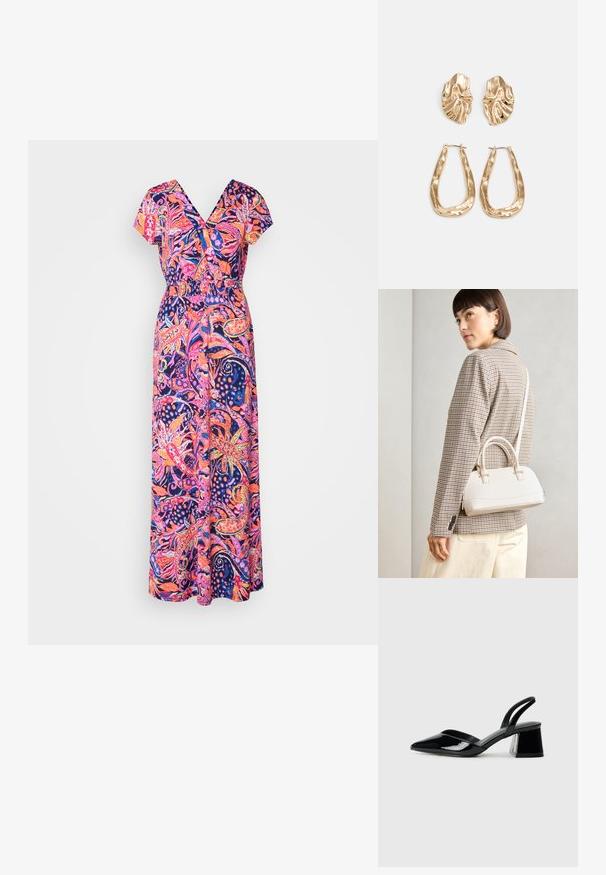 Maxi dress made of lightweight fabric, featuring a vibrant pink and blue floral pattern with a V-neck and short sleeves. Elastic waistband detail.; Black patent leather slingback heels with a pointed toe and a geometric block heel. Features a sleek, minimal design and smooth texture.; White structured handbag with short handles and a shoulder strap, featuring gold hardware accents and textured material, displayed against a grey background.; Gold-tone earrings featuring textured, wavy shapes. Includes sculptural clip-on studs and open hoop design with a hammered finish.