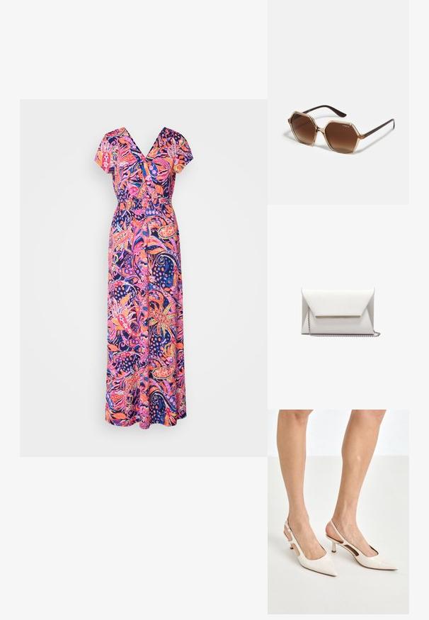 Maxi sukienka wykonana z lekkiego materiału, z żywym różowo-niebieskim kwiatowym wzorem, z dekoltem w serek i krótkimi rękawami. Szczegół z elastycznym pasem.; Beżowe lakierowane szpilki z odkrytą piętą, zakończone spiczastym noskiem i 5 cm obcasem, z wyciętymi bokami oraz cienkim paskiem na kostce.; Szesterokątne okulary przeciwsłoneczne z brązowymi gradientowymi soczewkami, przezroczystą beżową oprawką i ciemnobrązowymi ramionami. Posiadają branding "vogue" z boku.; Biała kopertówka wykonana z gładkiej skóry, z srebrnym łańcuszkiem i metalowym paskiem z przodu. Minimalistyczny design i trójkątny kształt.