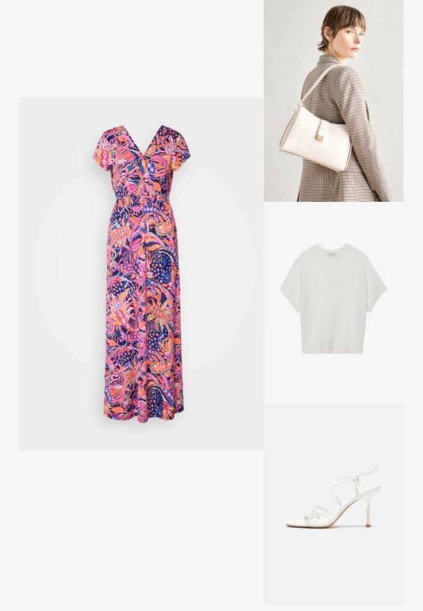 Rochie maxi din material ușor, cu un model floral vibrant în nuanțe de roz și albastru, cu decolteu în V și mâneci scurte. Detaliu cu talie elastică.; Tricou alb cu mânecă scurtă, cu guler larg și model texturat cu dungi, realizat dintr-un material moale, având o croială lejeră și un design curat.; Sandale albe cu toc înalt, cu barete, bază plată pentru degete, față texturată cu accente strânse și o curea subțire la glezna.; Geantă de mână din piele albă cu un design structurat, având o închidere magnetică și un breteau, expusă pe un fundal neutru.