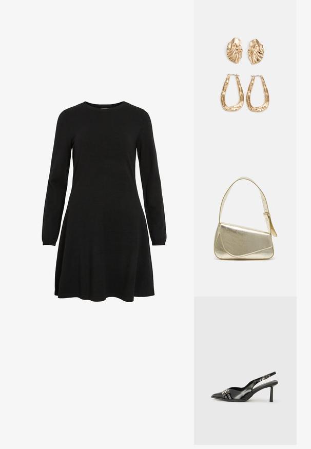 Svart langermet kjole laget av strikket stoff, med rund hals og utsvingt fald, som gir en enkel og tettsittende silhuett.; Sorte patentlær slingback-sko med spiss tå, ankelremmer med sølvspenner og detaljer, og en slank hæl.; Gullfarget metallisk håndveske med en strukturert design, glatt tekstur og justerbar stropp. Har en unik trekantet form og minimalistisk søm.; Gullfargede øredobber med teksturerte, bølgete former. Inkluderer skulpturelle klipsstuds og åpen hoop-design med en hamret finish.
