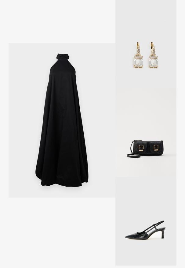 Gulvlengde svart ermeløs halterkjole med høy hals og voluminøs skjørt, vist på en hvit bakgrunn.; Sorte patent slingback hæl med spids tå, featuring tekstureret slangeskind, justerbar rem og en kort, tekstureret blokhæl.; Svart skinn crossbody veske med to frontlommer, gyldne spenner, glidelåslukking og en slank stropp. Teksturert overflate og kompakt rektangulær form.; Gullfargede øreringer med en rektangulær, klar krystall som henger under en rad av små, runde klare akenter. Elegante, moderne design.