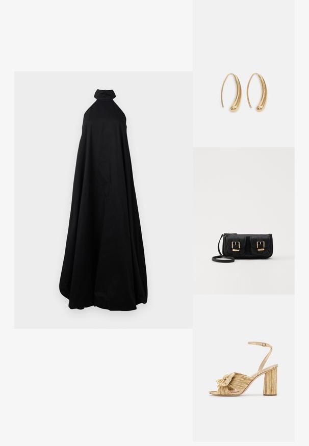 Bodenlanges schwarzes ärmelloses Halterkleid mit hohem Ausschnitt und voluminöser Rock, auf einem weißen Hintergrund präsentiert.; Goldene Sandalen mit Absatz und geknoteter Vorderseite,„plissierter“ Textur und Knöchelriemen. Der Blockabsatz hat ein gerippte Design, das den Halt verbessert.; Schwarze Leder-Umhängetasche mit zwei vorderen Taschen, goldenen Schnallen, Reißverschluss und einem schmalen Tragegurt. Texturierte Oberfläche und kompakte rechteckige Form.; Goldfarbene Metall-Hoops mit einer geschwungenen, länglichen Form. Sie verfügen über eine glatte, glänzende Oberfläche und eine abgerundete Spitze für zusätzliche Details.