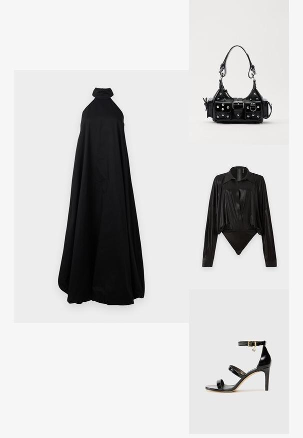 Floor-length black sleeveless halter dress with high neckline and voluminous skirt, displayed on a white background.; Black bodysuit with long sleeves, V-neck, and a fitted silhouette. Made of shiny, smooth fabric with a structured collar and cuffs.; Black patent leather sandal with three straps, ankle buckle, and 4-inch stiletto heel. Features gold hardware detail and logo charm.; Black leather handbag with a curved design, featuring silver studs, a buckle, and two side pockets. Adjustable strap for carrying options.
