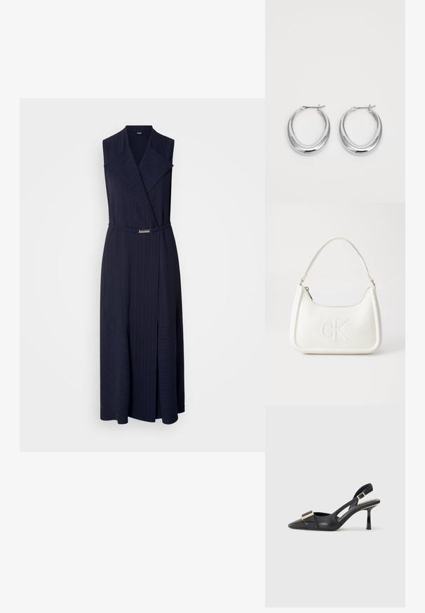 Robe sans manches bleu marine avec un col châle, motif à rayures, design enveloppant et une fine ceinture avec un détail de boucle en argent.; Chaussure slingback en cuir noir avec un bout pointu, un talon fin et un accent en métal doré sur le devant. Texture lisse et design structuré.; Sac à main en cuir blanc avec une forme courbée, arborant un logo "CK" embossé à l'avant et une seule bandoulière. Fermeture à glissière en haut.; Une paire de boucles d'oreilles en croissant en argent poli avec des fermoirs à charnière sur un fond blanc.