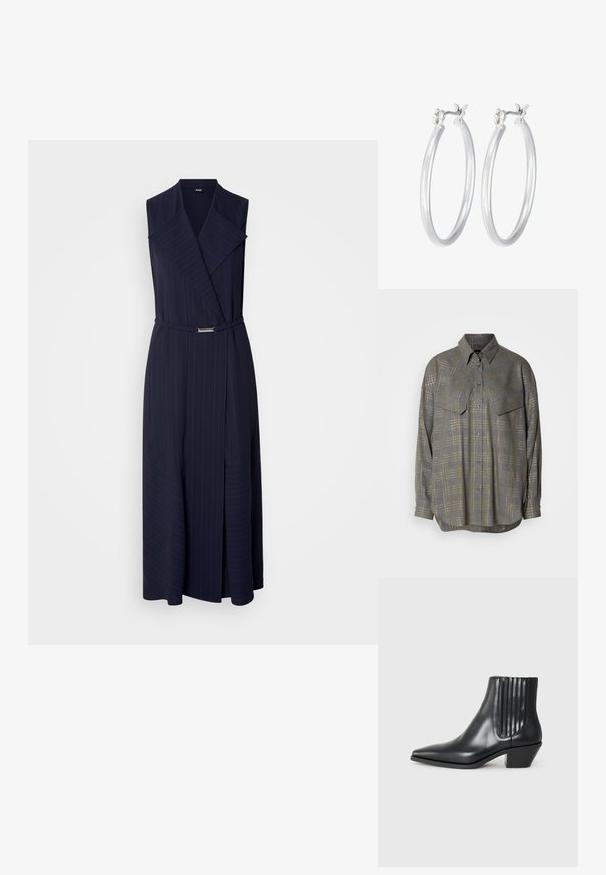 Navy blue sleeveless dress with a shawl collar, pinstripe pattern, wrap design, and a thin belt featuring a silver buckle detail.; Gray button-up shirt made of textured fabric, featuring a grid pattern in lighter shades, a collar, and two chest pockets.; Black leather ankle boot with pointed toe, elastic side panels with vertical grooves, and a low block heel. Smooth texture and sleek design.; Silver hoop earrings with a smooth, polished finish. Round shape and secure click-top closure. Lightweight design suitable for everyday wear.