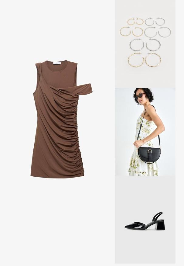 Hnědé bezramínkové šaty vyrobené z měkké látky s drapériemi a asymetrickým střihem na jednom rameni. Obsahují boční řasení.; Černé lakované kožené lodičky na pásku s špičatou špičkou a geometrickým blokovým podpatkem. Vyznačují se elegantním, minimalistickým designem a hladkým povrchem.; Černá kožená kabelka s křivkovým tvarem, odnímatelným popruhem a zlatými detaily. Kabelka má klopu s přezkou.; Sada dvanácti náušnic ve tvaru kruhu ve stříbrných a zlatých tónech. Obsahuje zkroucené, hladké a texturované designy v různých velikostech a povrchových úpravách.