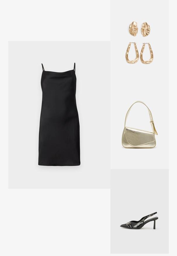 Crna satenska haljina na slip s tankim dvostrukim naramenicama i ravnim dekolteom, do koljena, prikazana na bijeloj pozadini.; Crna lakirana slingback cipela s izduženim vrhom, remenčićima oko gležnja s srebrnim kopčama i dijelovima, te vitkim potplatom.; Zlatna metalna torba s uređenim dizajnom, glatkom teksturom i podesivim remenom. Ima jedinstven trokutasti oblik i minimalističko šivanje.; Naušnice zlatne boje s teksturiranim, valovitim oblicima. Uključuju skulpturalne kopče i dizajn otvorene kružnice s kovanom završnom obradom.