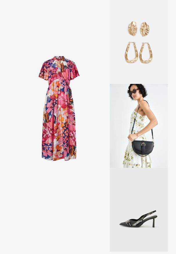 Blommig maxiklänning med korta ärmar, hög urringning och livliga mönster i rosa, orange och marinblått, med en lös passform och garnering.; Svart lackläder slingbacksko med spetsig tå, ankelremmar med silverfärgade spännen och detaljer samt en smal klack.; Svart läderhandväska med en böjd form, avtagbar rem och guldiga detaljer. Väskan har ett lock med en spänndetalj.; Örhängen i guldton med texturerade, vågiga former. Inkluderar skulpturala clip-on-stift och öppen hoop-design med hamrad finish.