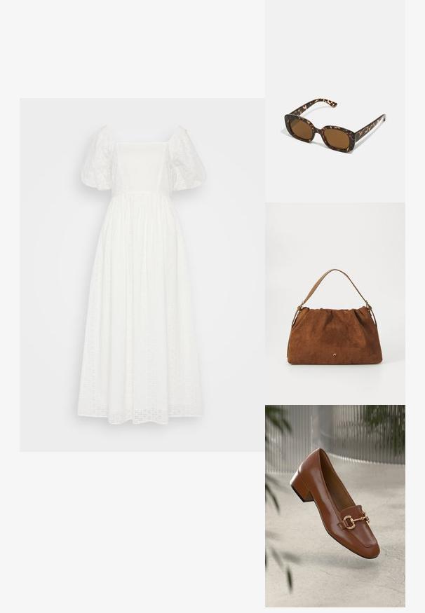 Balta, ilga medvilninė suknelė su kvadratine iškirpte, pūstomis trumpomis rankovėmis ir subtiliais akių raštais visame audinyje.; Rudi lakinės odos loafer'iai su kvadrato formos nosimi, metalinėmis grandinėlių detalėmis ir žemu blokiniu kulnu; sklandus tekstūra, minimalistinis dizainas.; Kare klasikinės saulės akinių rėmeliai su apvalia, didesne forma ir rudais objektyvais. Yra subtilių raštų ir tiesių, siaurėjančių šonų.; Ruda zomšos rankinė su susiraukšlėjimu, turinti vieną šviesiai rudos odos rankeną ir subtilų auksinį logotipo detalę priekyje.