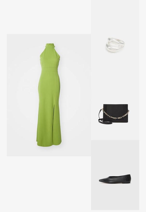 WAL G. HALTER NECK DRESS - Svečana odjeća - dark olive green; Crne kožne balerinke, uski vrh, minimalistički dizajn, glatka tekstura, niska peta, bez vidljivih dodataka ili ukrasa.; Crna kožna torba preko tijela s glatkom teksturom, pravokutnim oblikom i metalnim lancem na prednjoj strani. Uključena je podesiva naramenica.; Srebrna dvostruka prsten s glatkom, poliranom površinom. Karakterizira ga fluidan, zakrivljen dizajn s preklapajućim sekcijama za moderan izgled.