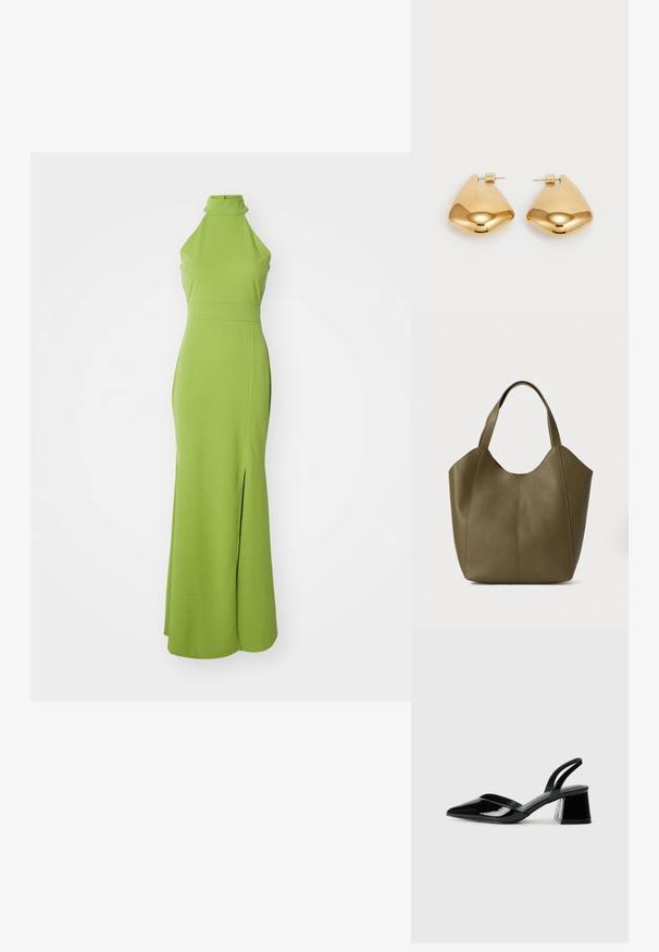 WAL G. HALTER NECK DRESS - Proginė apranga - dark olive green; Juodos lakuotos odinės šlepetės su smailiu pirštu ir geometriniu bloko kulnu. Turi elegantišką, minimalistinį dizainą ir lygų paviršių.; Alyvuogių žalios odos rankinė su dviem dirželiais, lygi tekstūra ir keturių skyrių dizainas. Sustiprinta siuvimo linija išilgai siūlių ilgaamžiškumui.; Auksinės metalinės auskarai su lygia, suapvalinta trikampio forma ir užsegimu; blizgus paviršius su minimaliais dekoratyviniais elementais.