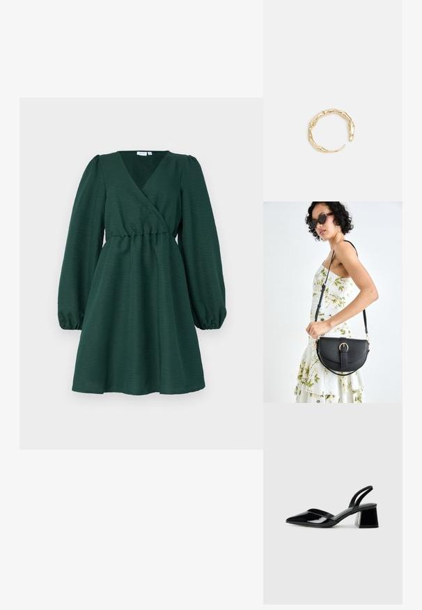 Žalia suknelė iš tekstūruoto audinio, su ilgomis pūstomis rankovėmis, įtrauktu liemeniu ir platėjančia sijona.; Juodos lakuotos odinės šlepetės su smailiu pirštu ir geometriniu bloko kulnu. Turi elegantišką, minimalistinį dizainą ir lygų paviršių.; Juodas odinis krepšys su išlenkta forma, nuimamu dirželiu ir auksiniais detalėmis. Krepšys turi kilpą su sagtimi.; Auksinės spalvos žiedas, turintis organišką, sukimosi dizainą su lygiu paviršiumi ir siaurėjančiais galais, sukuriantis modernią skulptūrinę išvaizdą.