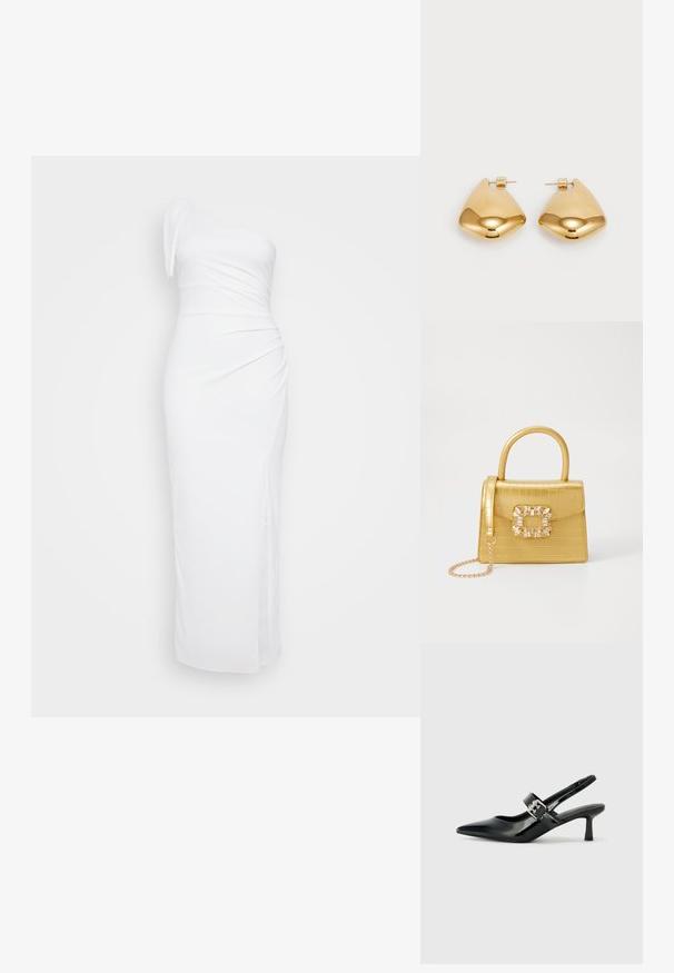 Üksikõhuline valge kleit, millel on vormiv siluett, riidega kaetud detailid ja külgsulg, valmistatud venivast kangast mugavuse tagamiseks.; Mustad patenteeritud nahast sildiga kontsad, millel on terav nina ja väike plokk-konts, mille rihmal on hõbedane pandla aksessuaar.; Kollane faux-krokodilli käsipindaga kott, millel on struktureeritud disain, ülemine käepide, eemaldatav kettmass ja dekoratiivne kristallkaunistus klambril.; Kuldtoon metall kõrvarõngad, millel on sile, ümar kolmnurkne kuju ja tagaküljel olev kinnitamine; peeglilaadne pinda, millel on minimaalne detailide hulk.