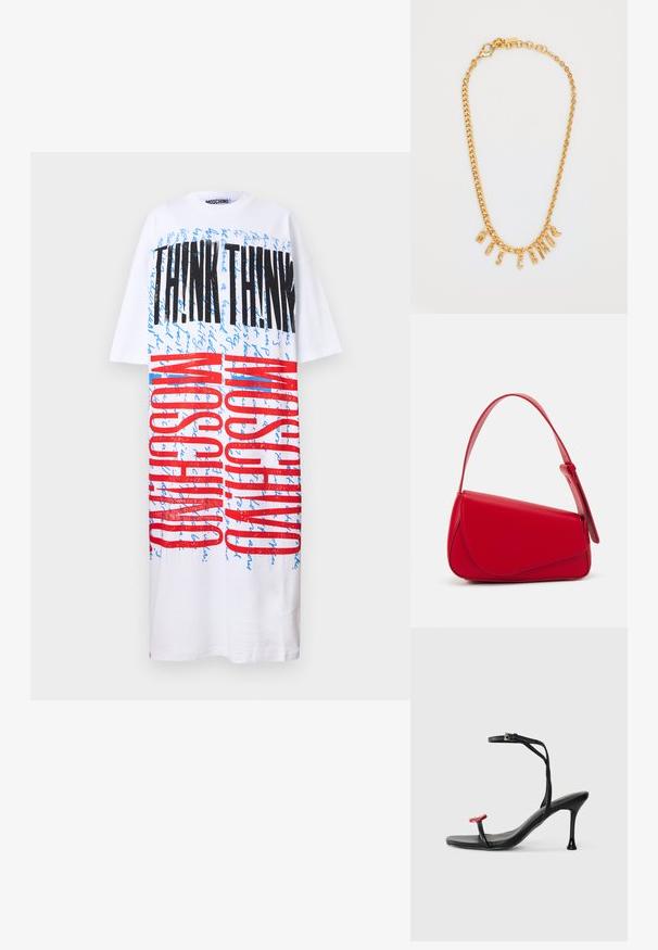 MOSCHINO TERRY JONES - Jerseyklänning - white; Svart klacksandaler med tunn ankelsnodd och en röd accent på tån. Har en slank design och glänsande finish med stilettklack.; Röd läderhandväska med en vinkelrät, geometrisk design. Har ett justerbart axelband och en klaffstängning med sydda detaljer.; Guldkedja med hängande bokstäver som stavar "MOSCATO." Slät yta med en lobsterspänne och länkard i varierande storlekar.