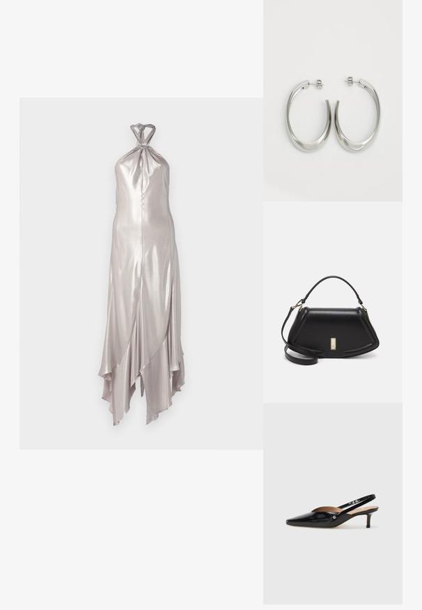 Sidabrinė halter kaklo suknelė iš blizgios medžiagos, turinti prigludusį liemenį, plačią apatinę dalį ir susuktą mazgo detalę kaklo srityje.; Juodas patentuotas odinis slingback batelis su smailiu nosimi, mažu kulniuku ir išpjovimais ant priekinės dalies. Auksinės spalvos detalės ant šono.; Juoda odinė rankinė su struktūrizuotu dizainu, turi trumpą formą, viršutinę rankeną ir auksinius akcentus. Pridėtas reguliuojamas peties diržas.; Sidabriniai apvalūs auskarai su lygiu, išlenktu dizainu. Yra blizgus metalinis paviršius ir smeigtukų uždarymas. Nėra matomų raštų ar akcentų.