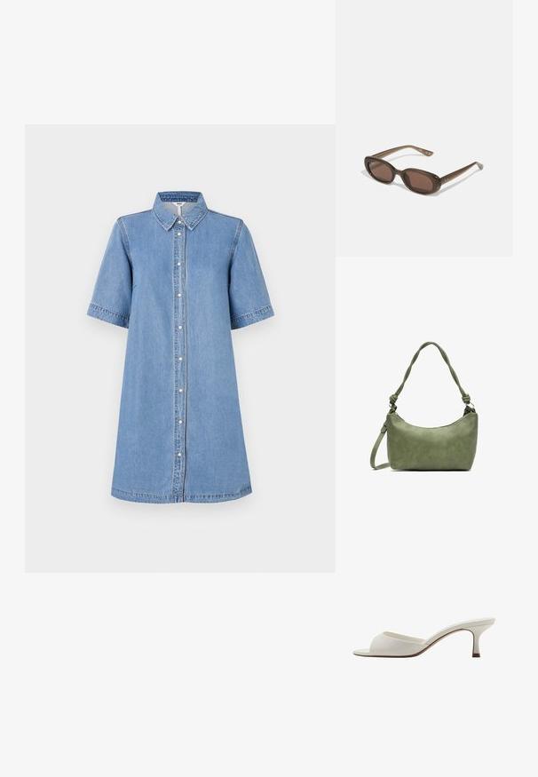 Denim skjortklänning, ljusblå, korta ärmar, krage, knappstängning fram, knälång, sömnadsdetalj på ärmarna, avslappnad passform.; Vita öppna högklackade mules med en slät yta, minimalistisk design och en slank klack, med en subtil brun accent på sulan.; Bruna ovala solglasögon med mörka linser. Bågen har ett transparent brunt material och har en logotyp tryckt på stängerna.; Grön läderhandväska med en slät yta, böjd form och flätad handtag. Har ett blixtlås som stängning och en justerbar rem.