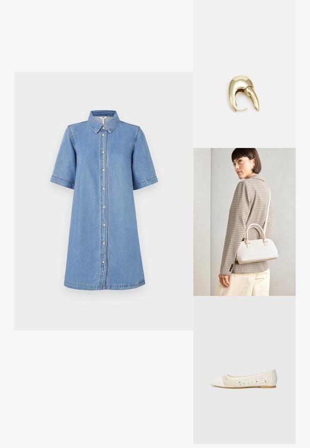 Denim-kangashirt, vaaleansininen, lyhyet hihat, kaulus, edessä nappisuljenta, polvipituus, ompelu yksityiskohtia hihoissa, rento malli.; Pointe suora in pelle crema con tomaia trasparente decorata da strass sparsi. Suola morbida per comfort, design minimalista.; Valkoinen rakenteellinen käsilaukku, jossa on lyhyet kahvat ja olkahihna, varustettu kultaisilla metalliosilla ja tekstuurilla, esillä harmaata taustaa vasten.; Kultahipuinen korvakoru, jossa on sulavalinjainen, kaareva muotoilu. Ominaisuuksiin kuuluu erottuva terävä muoto, kiillotettu pinta ja sarana kiinnitys.