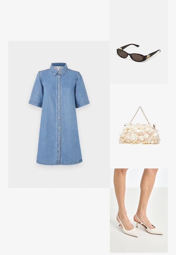 Robe chemise en denim, bleu clair, manches courtes, col, fermeture à boutons sur le devant, longueur genoux, détails de couture sur les manches, coupe décontractée.; Escarpins à talon slingback en cuir verni beige avec un bout pointu et un talon de 5 cm, présentant des côtés découpés et une fine bride à la cheville.; Lunettes de soleil en écaille, avec des verres ovales allongés, teinte marron, accents de logo doré sur les branches et montures noires élégantes.; Sac à main floral blanc avec une surface en tissu froncé, une chaîne en métal doré et un fermoir en métal. Présente des pétales texturés pour plus de détail.; Lauren Ralph Lauren COLLAR - Collier - gold-coloured/white
