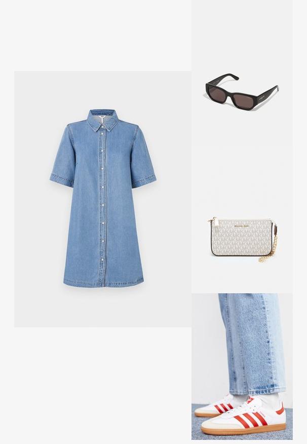 Traper haljina, svijetloplava, kratki rukavi, ovratnik, prednje dugme zatvaranje, do koljena, detalji šivanja na rukavima, ležerna kroj.; Bijele kožne tenisice s crvenim prugama i detaljima. Imaju teksturiranu gumenu vanjsku podlogu i podstavljen ovratnik. Nošene su uz svijetloplave traperice.; Crna pravokutna sunčana naočala s tamnim lećama. Imaju glatki plastični okvir i detalj sa logom na sljepoočnici. Čist, moderan dizajn.; Michael Kors novčanik na zapešću u bež premazanoj tkanini s ponavljajućim uzorkom MK loga, zlatnim hardverom i odvojivim lancem za nošenje.