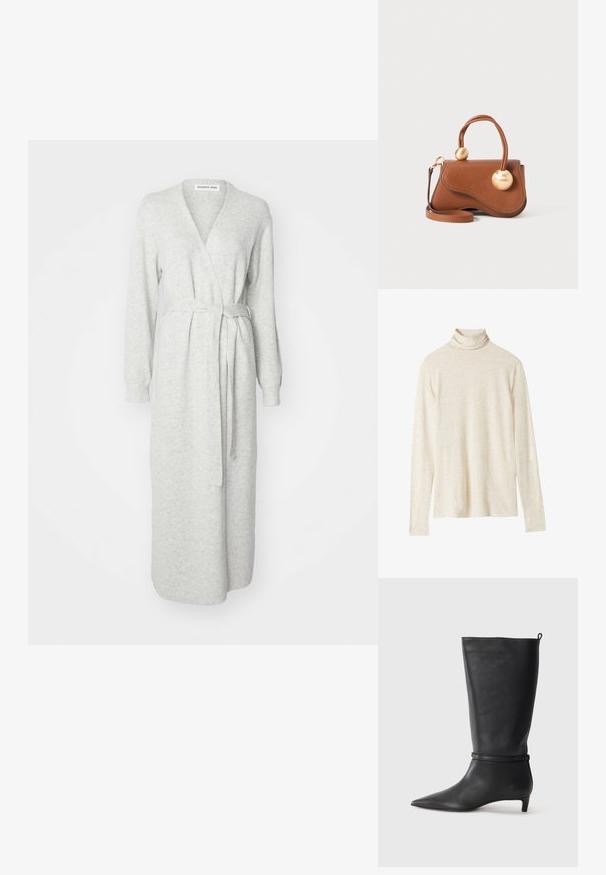 Jasnoszary, długi szlafrok z długim rękawem, wykonany z miękkiego, strukturalnego materiału. Posiada pasek do wiązania w talii oraz dekolt w kształcie litery V.; Beżowy golf z długim rękawem wykonany z miękkiego materiału, cechujący się luźnym krojem, subtelna tekstura i brak widocznych wzorów lub akcentów.; Czarne skórzane kozaki do kolan z ostro zakończonym noskiem, ozdobione okrągłym paskiem wokół kostki oraz niskim, zwężanym obcasem. Gładka tekstura.; Brązowa skórzana torba na ramię o falistym wzorze, z dwoma okrągłymi złotymi akcentami oraz odczepianym paskiem na ramię, co umożliwia wszechstronne noszenie.