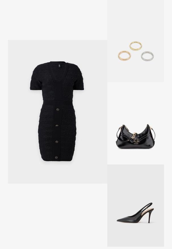 Fekete kötött ruha V-nyakkal, rövid ujjal és textúrázott csíkokkal. Feszes szabású, és hat arany színű gomb található az elülső részén.; Fekete bőr, slingback stílusú, magassarkú cipő, hegyes orral, sima felülettel, és egy finom pánttal, amelyen fémből készült csat található.; Fekete lakkbőr táska íves kialakítással, aranyszínű fémrészletekkel és egy hangsúlyos logóval. Tartalmaz egy levehető vállpántot.; Három fémgyűrű: az egyik rose gold, a másik texturált akcentusokkal ellátott arany, a harmadik pedig ezüst, mindegyiken gravírozott márkajelzés található a belső sávon.
