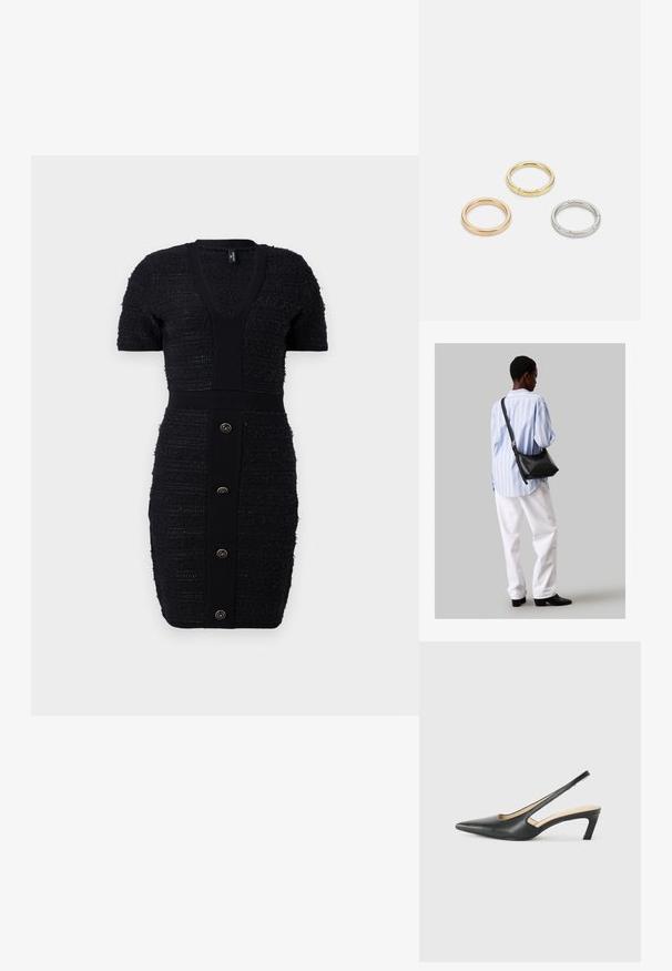 Černé pletené šaty s výstřihem do V, krátkými rukávy a texturovanými pruhy. Mají přiléhavý střih a šest zlatých knoflíků na přední straně.; Černý špičatý slingback s nízkým podpatkem, vyrobený z hladké kůže, s výřezem na boku pro lepší prodyšnost.; Černá kožená kabelka přes rameno s jemnou texturou, trojúhelníkovým tvarem a nastavitelným popruhem, v kombinaci se světle modrou pruhovanou košilí a bílými kalhotami.; Tři kovové prsteny: jeden růžově zlatý, jeden zlatý s texturovanými detaily a jeden stříbrný, všechny s vyrytým brandingem na vnitřním boku.