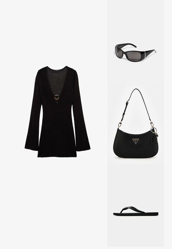 Černé pletené tričko s hlubokým V výstřihem, zvonovými rukávy a obdélníkovým zlatým akcentem na výstřihu. Texturovaný design po celé ploše.; Černé gumové žabky s texturovaným páskem a jednoduchou plochou podrážkou, zobrazené z boku na světlém pozadí.; Černé sluneční brýle s lesklými plastovými rámy, gradientní šedé čočky a stříbrnými akcenty po stranách. Hladký, zakřivený design.; Černá syntetická taška přes rameno s zakřivenou siluetou, strukturovaným povrchem, zlatým trojúhelníkovým logem a odnímatelnými kovovými akcenty.