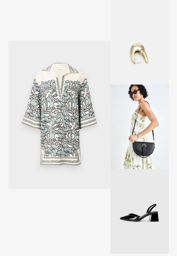 Krátký rukáv blůza v krémové barvě s květinovým vzorem v světle modré a hnědé, s výstřihem ve tvaru V a dekoračními akcenty podél okrajů.; Černé lakované kožené lodičky na pásku s špičatou špičkou a geometrickým blokovým podpatkem. Vyznačují se elegantním, minimalistickým designem a hladkým povrchem.; Černá kožená kabelka s křivkovým tvarem, odnímatelným popruhem a zlatými detaily. Kabelka má klopu s přezkou.; Náušnice ve zlatém tónu z kovu s elegantním zakřiveným designem. Vyznačují se jedinečným špičatým tvarem, lesklým povrchem a závěsem na kloub.