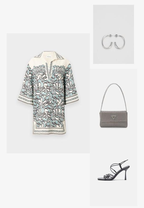 Bluză cu mânecă scurtă în crem, cu un model floral în albastru deschis și marron, având un guler în formă de V și accente decorative de-a lungul marginilor.; Sandale negre cu toc înalt au curele subțiri cu un design legat, un vârf pătrat neted și un toc stiletto elegant.; Geantă metalică gri deschis, cu un strap din lanț, decorată cu mici ținte circulare metalice și un logo de marcă triangular.; Cercei rotunzi din argint cu un finisaj neted și strălucitor. Design ușor, având o formă rotundă și închidere cu tijă.