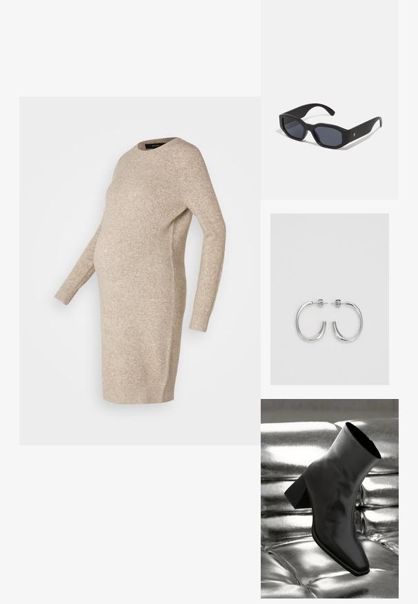 Beżowa dzianinowa sukienka ciążowa z długimi rękawami, okrągłym dekoltem i luźnym krojem, zaprojektowana z myślą o rosnącym brzuszku.; Czarne botki za kostkę wykonane z błyszczącego materiału, z kwadratowym noskiem i zwężającym się obcasem, na tle błyszczącego srebrnego tapicerowanego tła.; Czarne okulary przeciwsłoneczne z prostokątnymi oprawkami, matowym wykończeniem, ciemnymi soczewkami i lekko wygiętymi zausznikami. Dyskretny akcent logo na jednym zauszniku.; Srebrne kolczyki na biglu o gładkim, błyszczącym wykończeniu. O zaokrąglonym kształcie, lekkim designie, z zamknięciem na zatrzask.