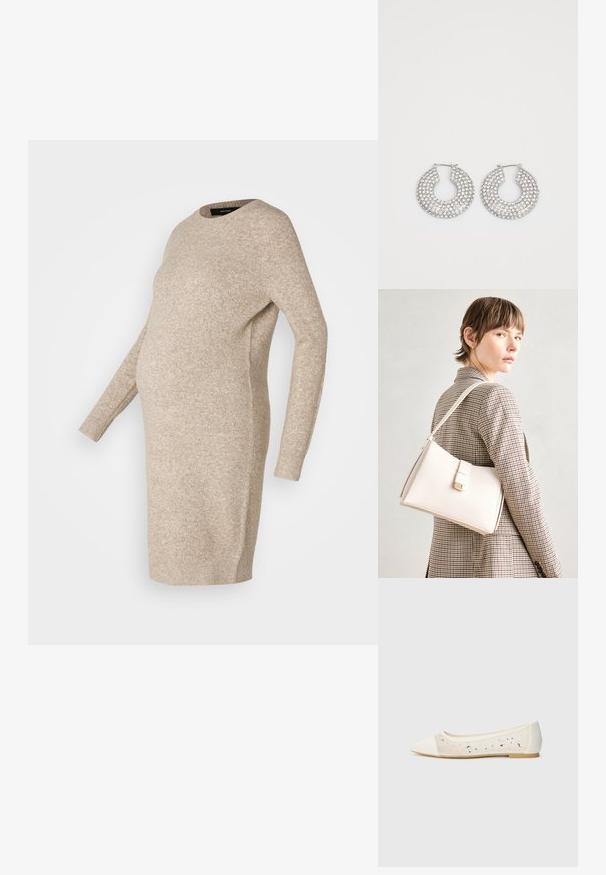 Beige gebreide zwangerschapsjurk met lange mouwen, ronde halslijn en een losse pasvorm, ontworpen om een groeiende buik te accommoderen.; Puntige ballerina in crème leer met transparante bovenkant, versierd met verspreide rhinestones. Zachte zool voor comfort, minimalistisch ontwerp.; Witte leren handtas met een gestructureerd ontwerp, voorzien van een magneetsluiting en een schouderriem, tentoongesteld tegen een neutrale achtergrond.; Zilveren hoepeloorbellen versierd met meerdere heldere kristalaccenten, met een gestructureerd oppervlak en een open cirkelvormig ontwerp.