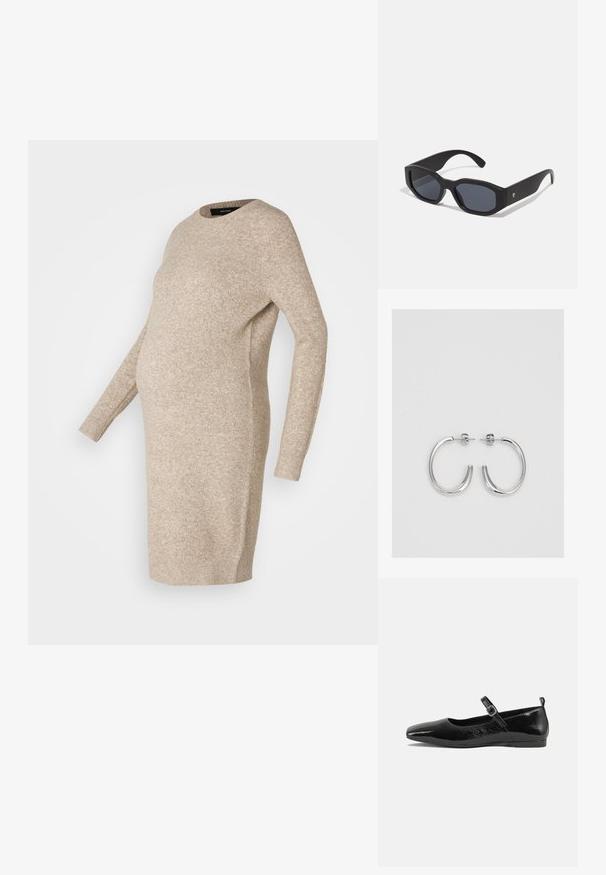 Beige neulottu äitiysmekko pitkilla hihoilla, pyöreällä kaula-aukolla ja rentolla leikkauksella, suunniteltu mukautumaan kasvavalle vatsalle.; Musta patenttinaahkakenkä litteällä pohjalla, terävä kärki, nilkkahihna soljella ja sileä, kiiltävä pinta. Matala korko mukavuutta varten.; Mustat aurinkolasit, joissa on suorakulmaiset kehykset, matta pinta, tummat linssit ja hieman kaarevat sangat. Huomaamaton logo yksityiskohtana yhdessä sangassa.; Hopehopeet hopehopeet hopehopeet hopehopeet, jolla on sileä, kiiltävä pinta. Pyöreä muoto, kevyt rakenne, jossa on neulakiinnitys.