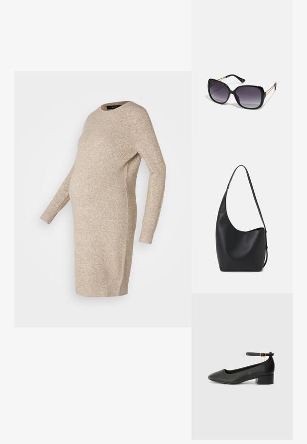 Rochie de maternitate tricotată bej, cu mâneci lungi, decolteu rotund și un croi lejer, concepută pentru a se adapta unei burtici în creștere.; Pantof cu toc negru din piele, cu vârf ascuțit și toc mic pătrat. Dispune de o curea la gleznă cu o cataramă în tonuri de aur. Textură netedă.; Ochelari de soare negri, supradimensionați, cu lentile degradate, rame groase și detalii cu lanț de ton auriu pe brațele templului.; Geantă hobo din piele neagră, cu o textură netedă, formă curbată și un singur bretele ajustabil; are o deschidere largă în partea de sus.