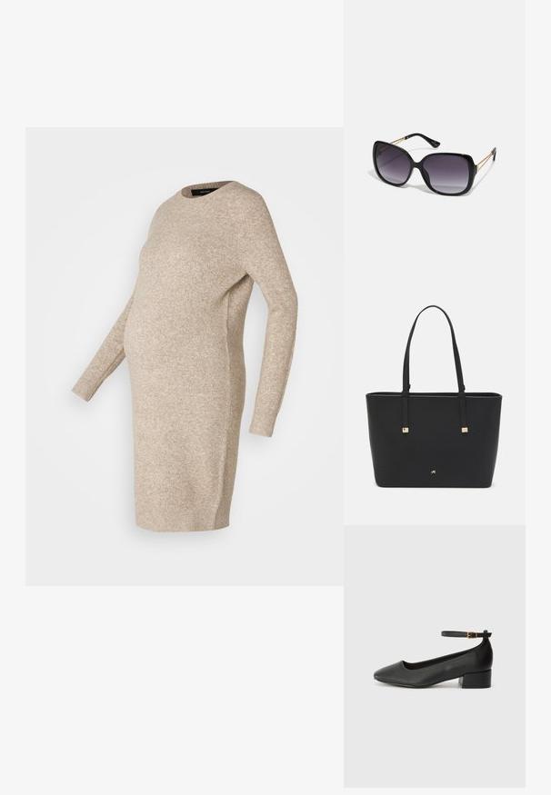Vestido de maternidade tricotado em bege, com mangas longas, decote redondo e um corte descontraído, projetado para acomodar uma barriga em crescimento.; Sandal de pele preta com bico pontiagudo e um salto bloco baixo. Apresenta uma tira no tornozelo com uma fivela em tom dourado. Textura suave.; Óculos de sol oversized pretos com lentes degradê, armações grossas e detalhes em corrente dourada nas hastes.; Saco tote preto feito de material sintético, apresentando um design retangular simples, com detalhes quadrados dourados e duas alças.