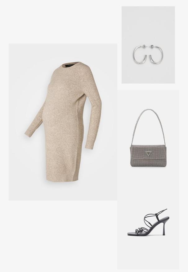 Bež oblečenka za nosečnice iz pletenine z dolgimi rokavi, okroglim izrezom in sproščenim krojem, zasnovana za prilagajanje rastočemu trebuhu.; Črne visoke sandale na peto imajo tanke naramnice z vozlom, gladek kvadratni toe in eleganten stiletto peto.; Svetlo siva kovinska torbica z verižnim ročajem, okrašena z majhnimi okroglimi kovinskimi bleščicami in trikotnim logotipom blagovne znamke.; Srebrne obročaste uhane z gladko, sijočo površino. Zaobljena oblika, lahka zasnova, z zapiranjem na zatič.
