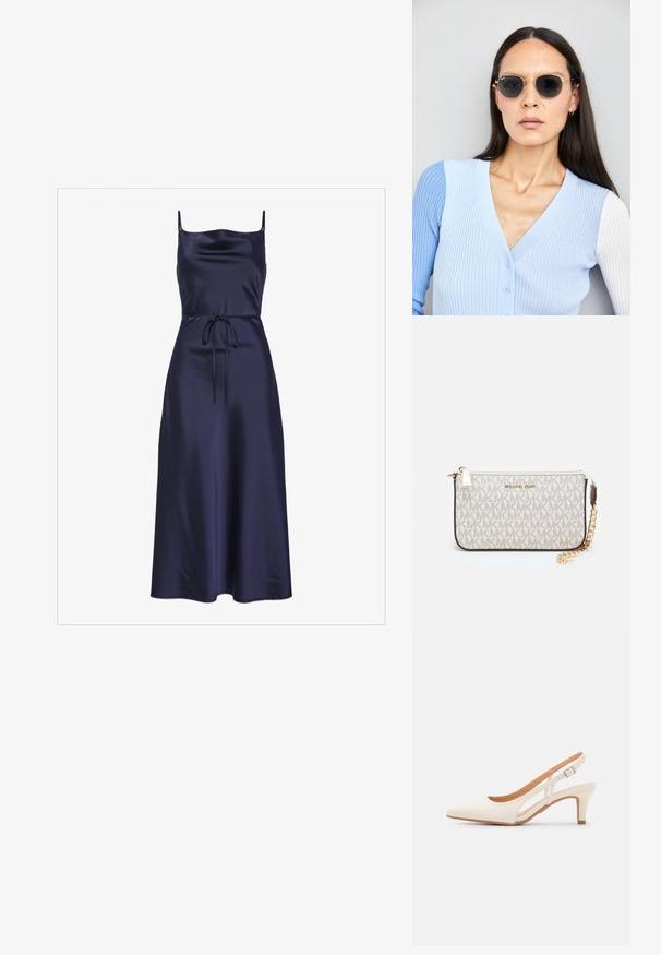 Námornícky saténový šaty s tenkými ramienkami, priliehavou korzetou, viazaním v páse a splývavou A-línou sukňou, ktorá ukazuje hladkú a lesklú textúru.; Biele slingback topánky na podpätku s ostrou špičkou, hladkým vrchným materiálom, nízkym blokovým podpätkom a bočným výrezom s nastaviteľným remienkom na pracku.; Okrúhle slnečné okuliare s tmavými šošovkami a zlatým rámom. Modelka má na sebe svetlomodrý pletený kardigán s gombíkmi a bielymi rukávmi v kontraste.; Michael Kors zápästná taška v béžovej potiahnutej plátenej tkanine s opakujúcim sa vzorom loga MK, zlatým kovania a odnímateľným reťazovým popruhom.